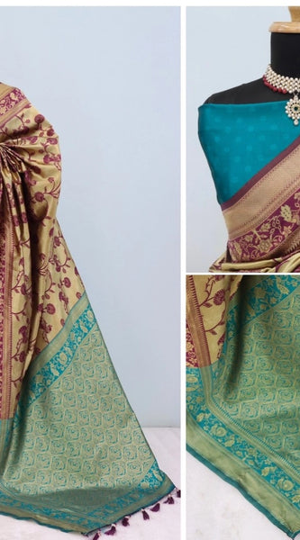 Mayawye Women's Banarasi Printed Saree With Unstitched Blouse 5.5Mtr (Golden)