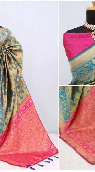 Mayawye Women's Banarasi Printed Saree With Unstitched Blouse 5.5Mtr (Golden)