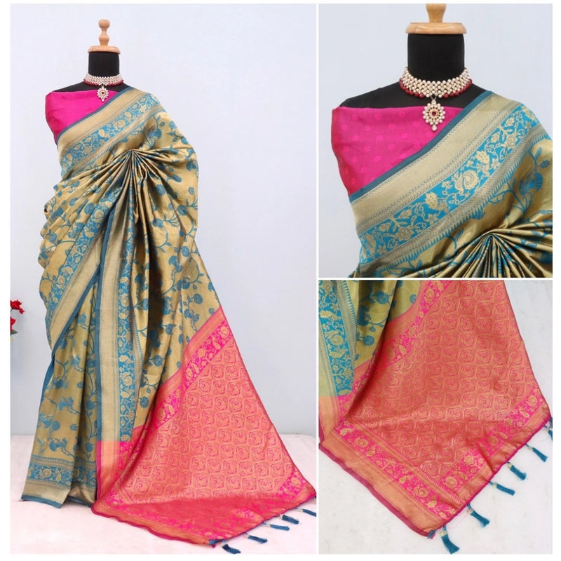 Mayawye Women's Banarasi Printed Saree With Unstitched Blouse 5.5Mtr (Golden)
