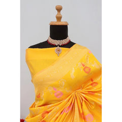 Mayawye Women's Banarasi Printed Saree With Unstitched Blouse 5.5Mtr (Yellow)