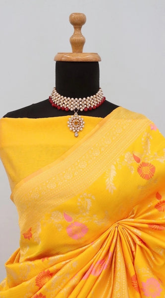 Mayawye Women's Banarasi Printed Saree With Unstitched Blouse 5.5Mtr (Yellow)
