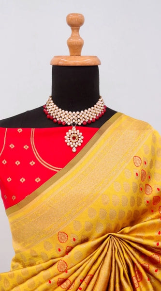 Mayawye Women's Banarasi Printed Saree With Unstitched Blouse 5.5Mtr (Yellow)