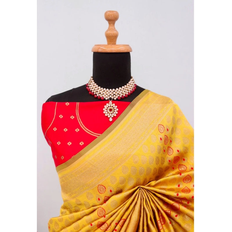 Mayawye Women's Banarasi Printed Saree With Unstitched Blouse 5.5Mtr (Yellow)
