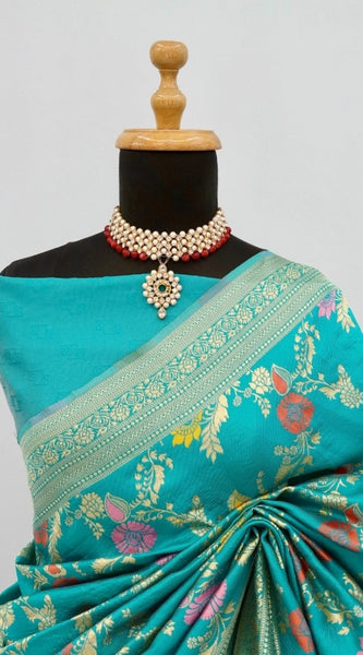 Mayawye Women's Banarasi Printed Saree With Unstitched Blouse 5.5Mtr (Rama)
