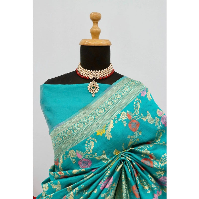 Mayawye Women's Banarasi Printed Saree With Unstitched Blouse 5.5Mtr (Rama)
