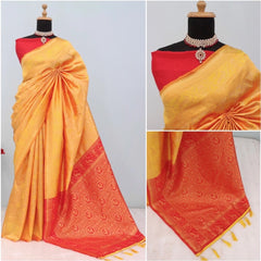 Mayawye Women's Banarasi Printed Saree With Unstitched Blouse 5.5Mtr (Yellow)