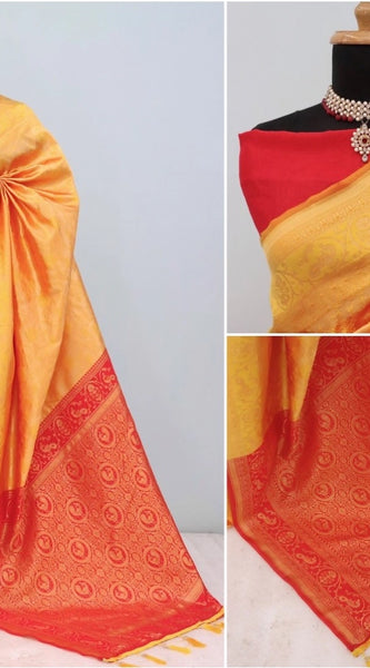 Mayawye Women's Banarasi Printed Saree With Unstitched Blouse 5.5Mtr (Yellow)