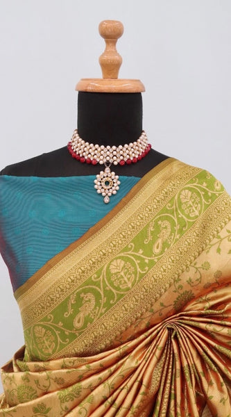Mayawye Women's Banarasi Printed Saree With Unstitched Blouse 5.5Mtr (Golden)