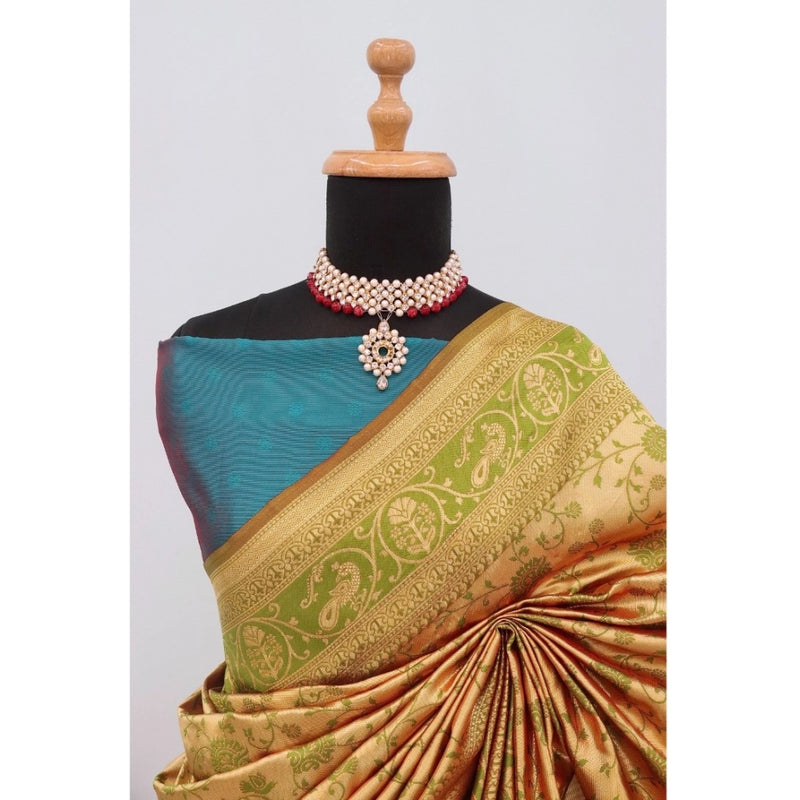 Mayawye Women's Banarasi Printed Saree With Unstitched Blouse 5.5Mtr (Golden)
