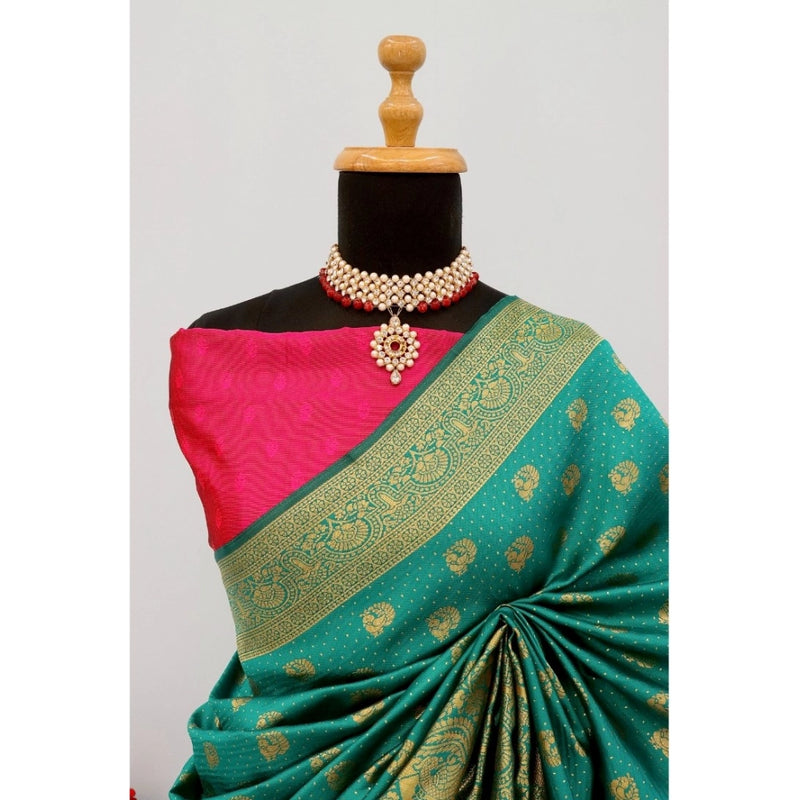 Mayawye Women's Banarasi Printed Saree With Unstitched Blouse 5.5Mtr (Rama)
