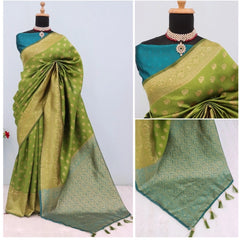 Mayawye Women's Banarasi Printed Saree With Unstitched Blouse 5.5Mtr (Mehendi Green)