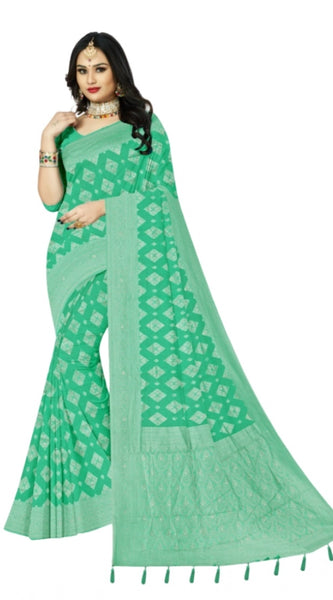 Mayawye Women's Cotton Printed Saree With Unstitched Blouse 5.5Mtr (Rama)