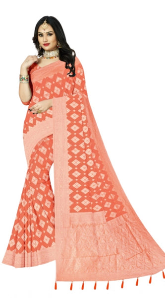 Mayawye Women's Cotton Printed Saree With Unstitched Blouse 5.5Mtr (Orange)
