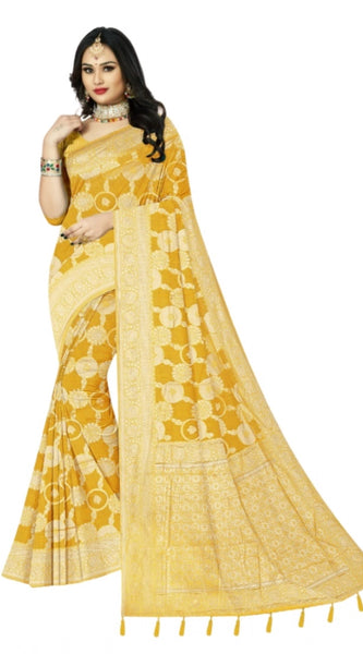 Mayawye Women's Cotton Printed Saree With Unstitched Blouse 5.5Mtr (Yellow)