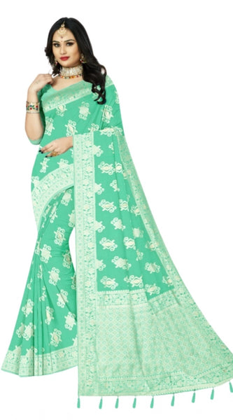 Mayawye Women's Cotton Printed Saree With Unstitched Blouse 5.5Mtr (Rama)
