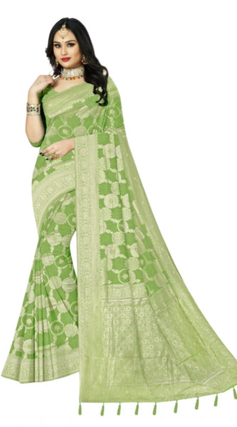 Mayawye Women's Cotton Printed Saree With Unstitched Blouse 5.5Mtr (Green)