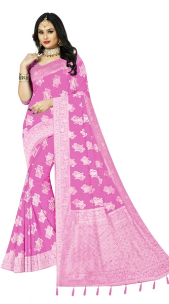Mayawye Women's Cotton Printed Saree With Unstitched Blouse 5.5Mtr (Pink)