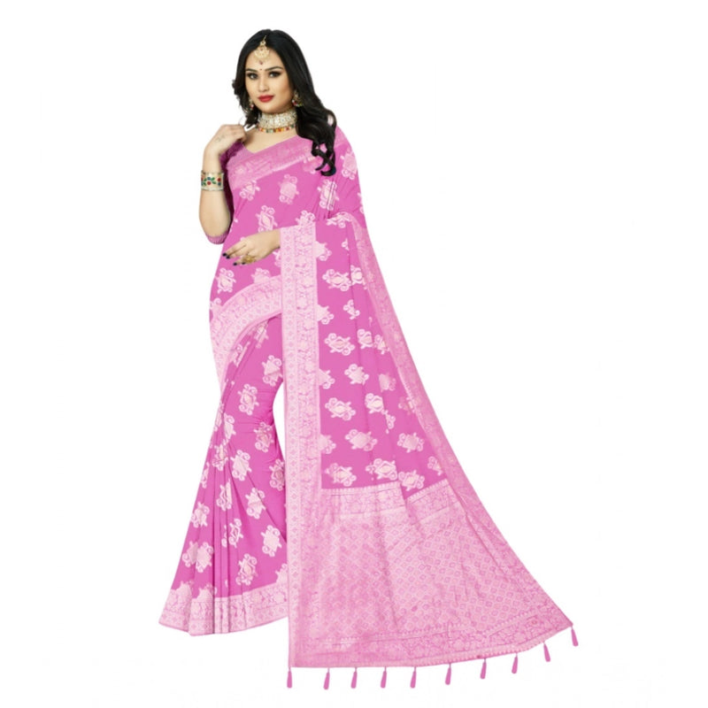 Mayawye Women's Cotton Printed Saree With Unstitched Blouse 5.5Mtr (Pink)
