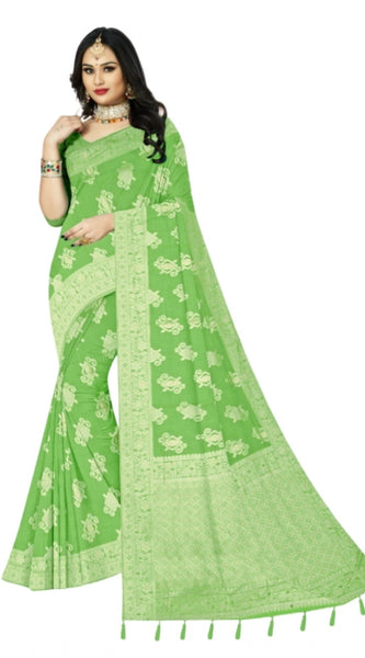 Mayawye Women's Cotton Printed Saree With Unstitched Blouse 5.5Mtr (Green)