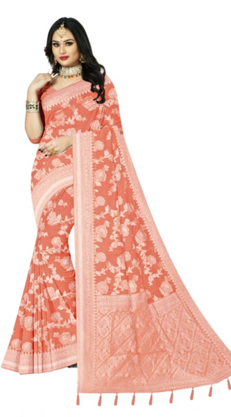 Mayawye Women's Cotton Printed Saree With Unstitched Blouse 5.5Mtr (Orange)