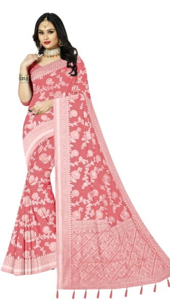 Mayawye Women's Cotton Printed Saree With Unstitched Blouse 5.5Mtr (Peach)
