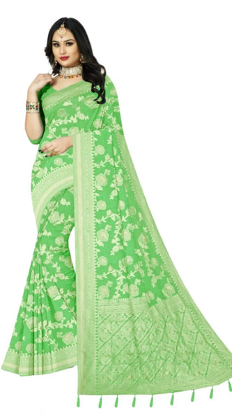 Mayawye Women's Cotton Printed Saree With Unstitched Blouse 5.5Mtr (Green)