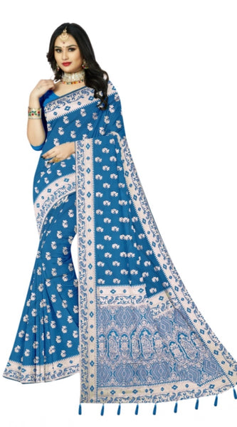 Mayawye Women's Satin Printed Saree With Unstitched Blouse 5.5Mtr (Aqua Blue)