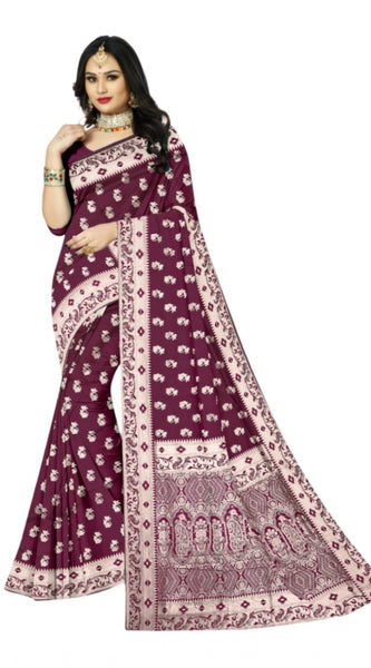 Mayawye Women's Satin Printed Saree With Unstitched Blouse 5.5Mtr (Brown)