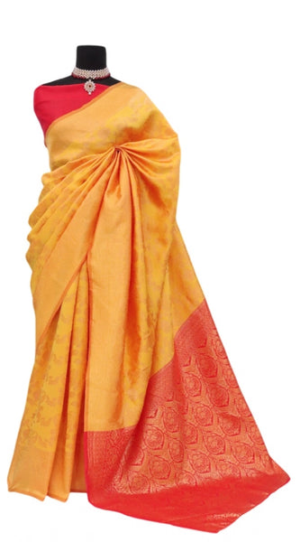 Mayawye Women's Banarasi Printed Saree With Unstitched Blouse 5.5Mtr (Yellow)