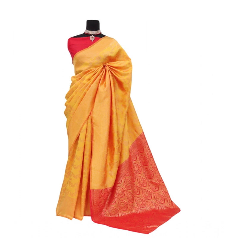 Mayawye Women's Banarasi Printed Saree With Unstitched Blouse 5.5Mtr (Yellow)