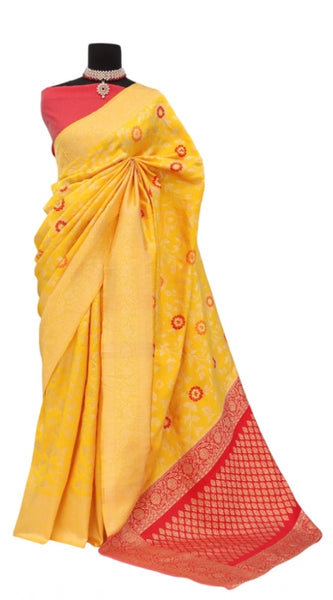 Mayawye Women's Banarasi Printed Saree With Unstitched Blouse 5.5Mtr (Yellow)
