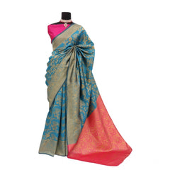 Mayawye Women's Banarasi Printed Saree With Unstitched Blouse 5.5Mtr (Aqua Blue)