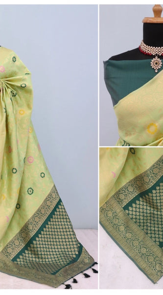 Mayawye Women's Banarasi Printed Saree With Unstitched Blouse 5.5Mtr (Light Green)