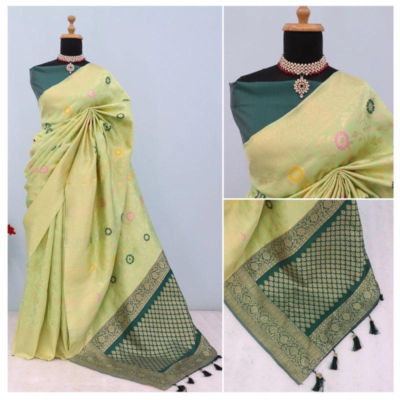 Mayawye Women's Banarasi Printed Saree With Unstitched Blouse 5.5Mtr (Light Green)