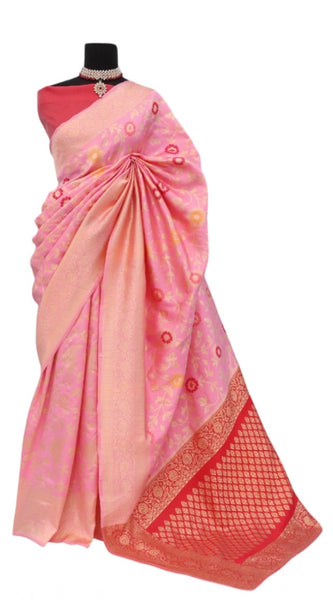Mayawye Women's Banarasi Printed Saree With Unstitched Blouse 5.5Mtr (Pink)
