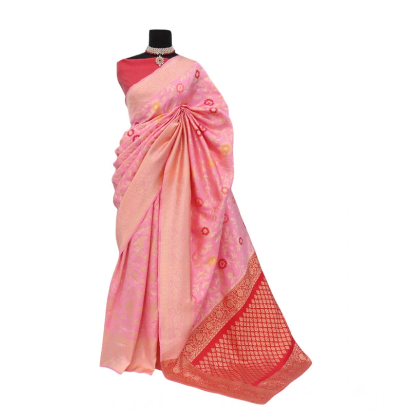 Mayawye Women's Banarasi Printed Saree With Unstitched Blouse 5.5Mtr (Pink)