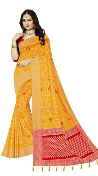 Mayawye Women's Banarasi Printed Saree With Unstitched Blouse 5.5Mtr (Yellow)