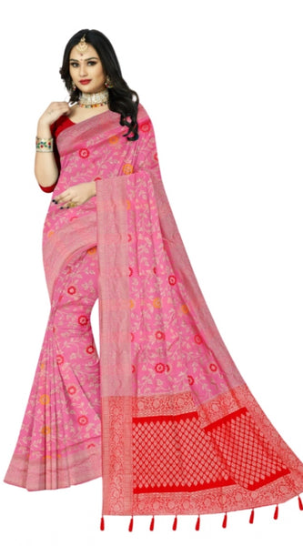 Mayawye Women's Banarasi Printed Saree With Unstitched Blouse 5.5Mtr (Pink)
