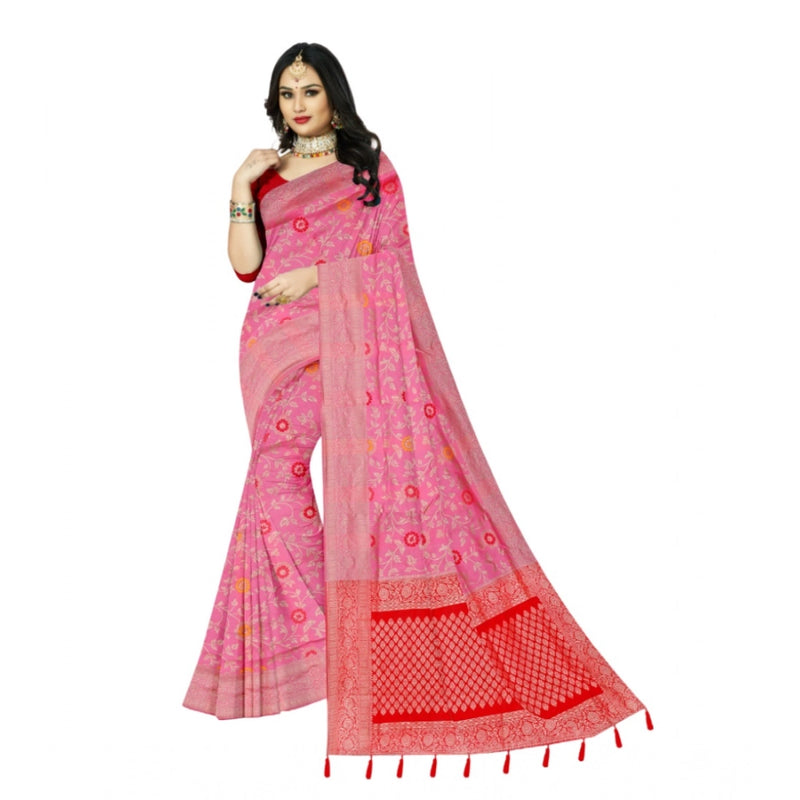 Mayawye Women's Banarasi Printed Saree With Unstitched Blouse 5.5Mtr (Pink)