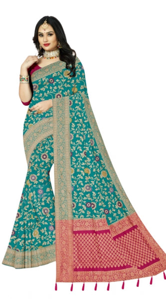 Mayawye Women's Banarasi Printed Saree With Unstitched Blouse 5.5Mtr (Rama)