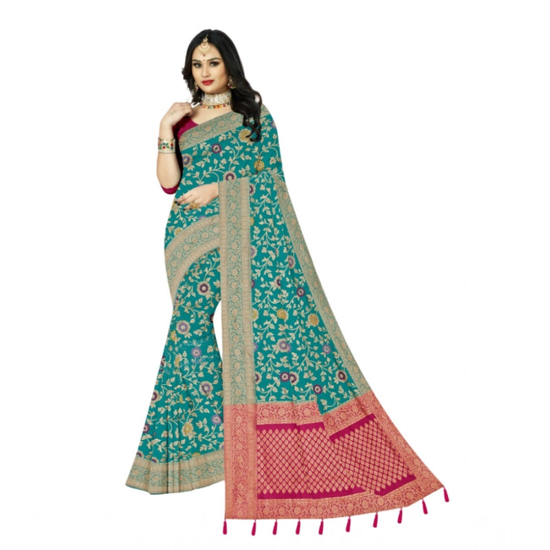 Mayawye Women's Banarasi Printed Saree With Unstitched Blouse 5.5Mtr (Rama)