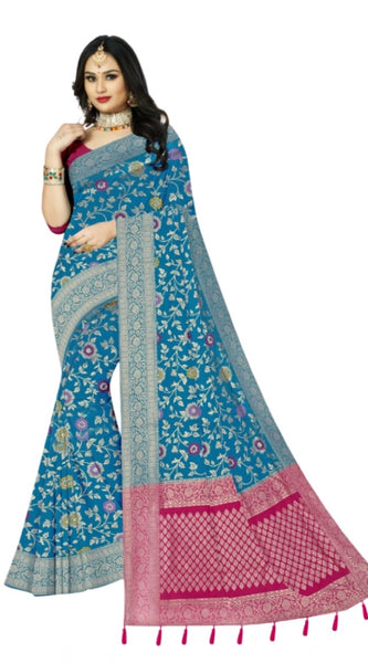 Mayawye Women's Banarasi Printed Saree With Unstitched Blouse 5.5Mtr (Aqua Blue)