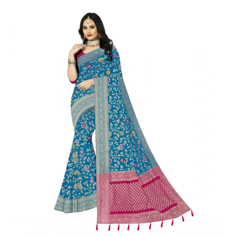 Mayawye Women's Banarasi Printed Saree With Unstitched Blouse 5.5Mtr (Aqua Blue)