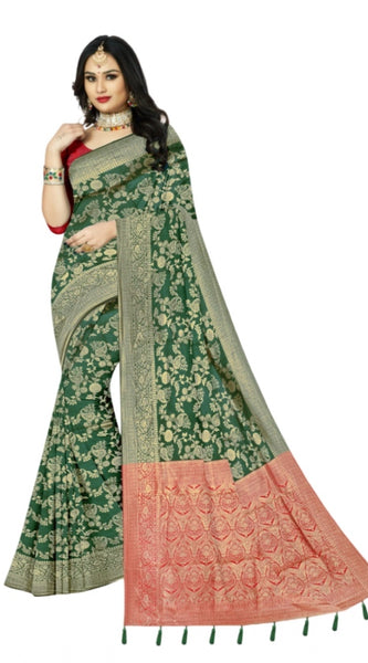 Mayawye Women's Banarasi Printed Saree With Unstitched Blouse 5.5Mtr (Green)