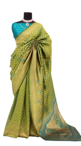 Mayawye Women's Banarasi Printed Saree With Unstitched Blouse 5.5Mtr (Mehendi Green)