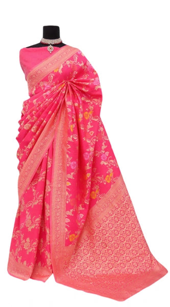 Mayawye Women's Banarasi Printed Saree With Unstitched Blouse 5.5Mtr (Rani)