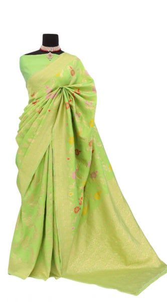 Mayawye Women's Banarasi Printed Saree With Unstitched Blouse 5.5Mtr (Green)