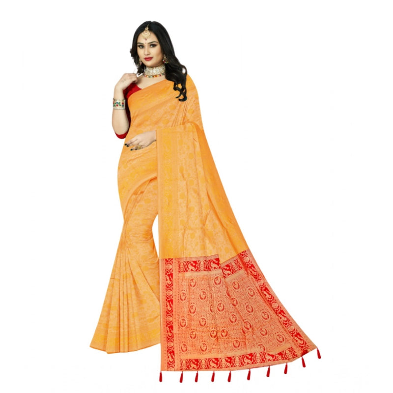 Mayawye Women's Banarasi Printed Saree With Unstitched Blouse 5.5Mtr (Yellow)
