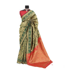 Mayawye Women's Banarasi Printed Saree With Unstitched Blouse 5.5Mtr (Golden)