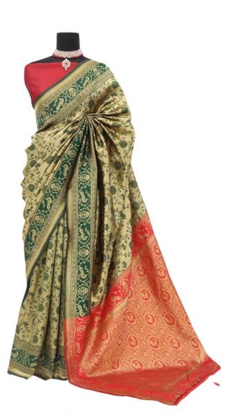 Mayawye Women's Banarasi Printed Saree With Unstitched Blouse 5.5Mtr (Golden)